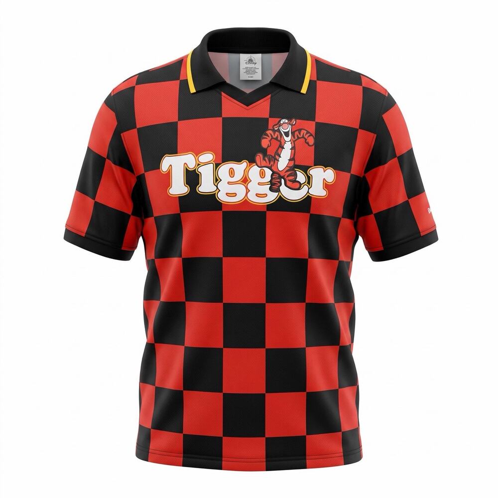 Disney Parks Tigger 68 Soccer Jersey Shirt Mens XXL Black Orange Checkered NWT